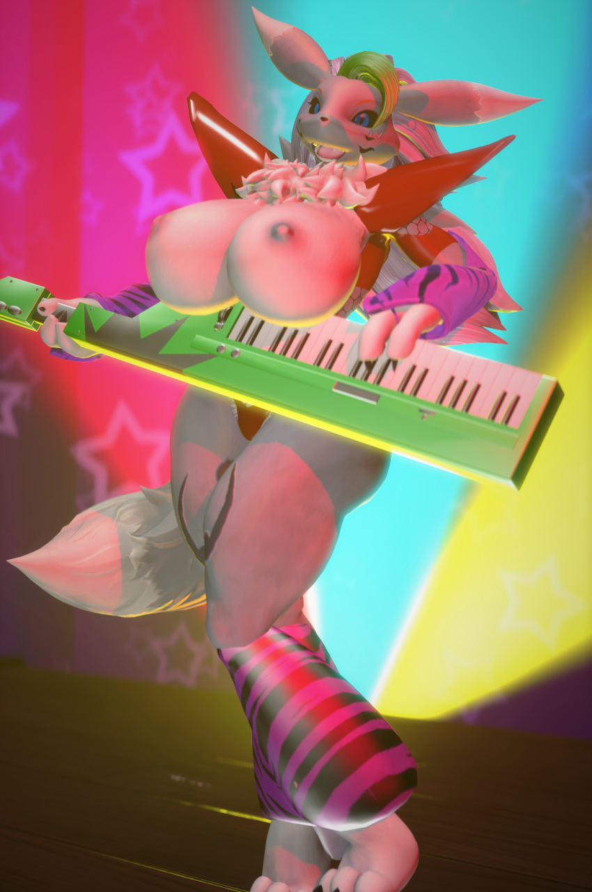 3d_(artwork) andromorph anthro bandai_namco big_breasts breasts chest_tuft clothing colorful colorful_background costume digimon digimon_(species) digital_media_(artwork) female five_nights_at_freddy's five_nights_at_freddy's:_security_breach fluffy fluffy_hair hair hi_res humanoid intersex machine music plastic renamon robot robot_humanoid roxanne_wolf_(fnaf) scottgames singing smile stage stage_curtains stage_lights tuft veryfluffy video_games