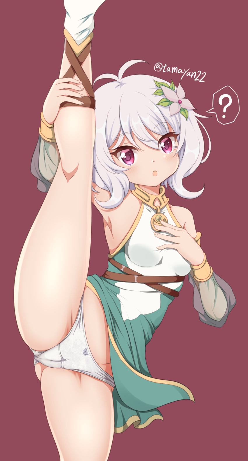 1girl :o ? antenna_hair arm_up armpits bangs bare_shoulders bow bow_panties breasts brown_background cameltoe commentary_request detached_sleeves dress eyebrows_visible_through_hair flower green_sleeves grey_flower groin hair_between_eyes hair_flower hair_ornament highres kokkoro_(princess_connect!) leg_up long_sleeves looking_at_viewer panties parted_lips princess_connect! puffy_long_sleeves puffy_sleeves purple_eyes see-through see-through_sleeves silver_hair simple_background sleeveless sleeveless_dress small_breasts solo split spoken_question_mark standing standing_on_one_leg standing_split tamayan twitter_username underwear white_dress white_panties