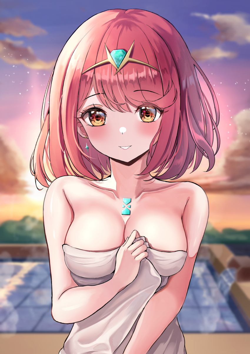 1girl absurdres bangs breasts chest_jewel cleavage earrings headpiece highres jewelry kaede_(maple4rt) large_breasts naked_towel onsen pyra_(xenoblade) red_eyes red_hair short_hair swept_bangs tiara towel xenoblade_chronicles_(series) xenoblade_chronicles_2
