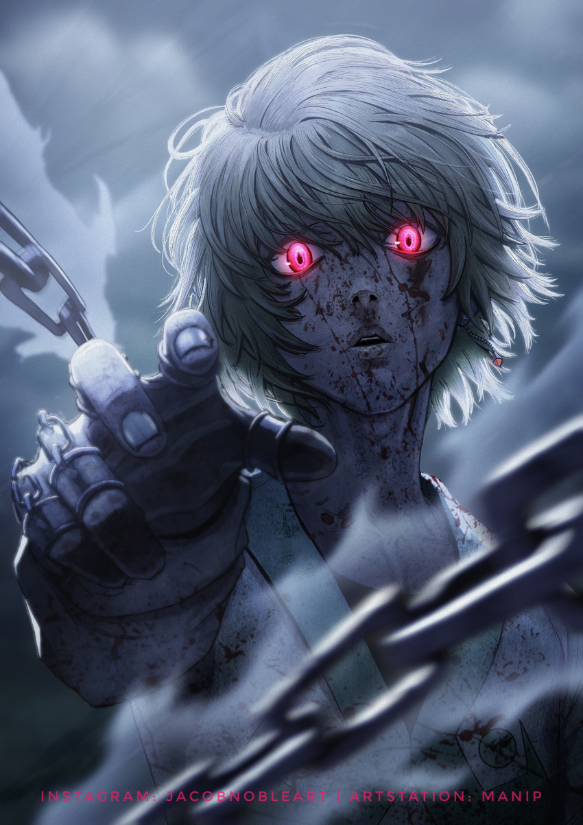 1boy absurdres artstation_username bangs blood blood_on_face chain earrings fighting_stance glowing glowing_eyes grey_theme highres hunter_x_hunter instagram_username jewelry kurapika long_sleeves looking_at_viewer male_focus manip motion_blur official_alternate_costume red_eyes serious shirt short_hair solo upper_body wind