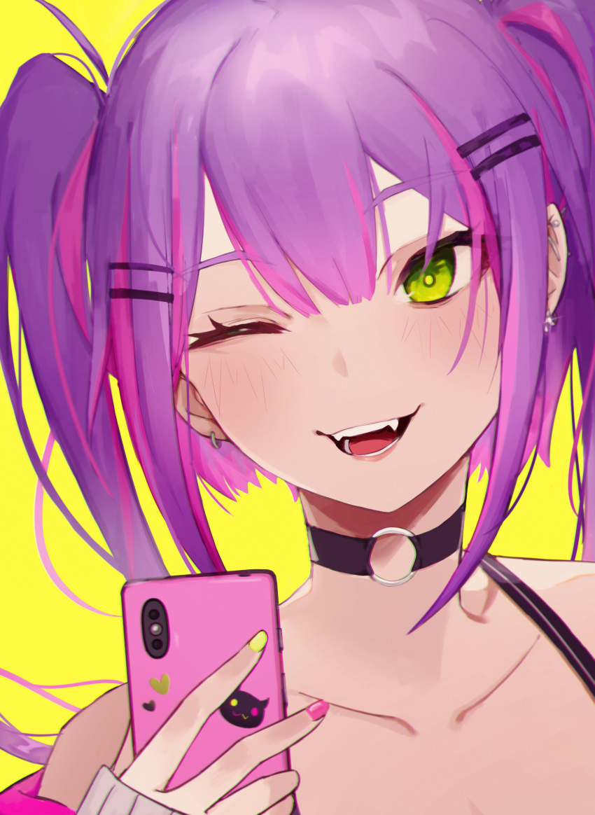 absurdres bibi_(tokoyami_towa) cellphone choker close-up face fangs green_eyes hand_up highres holding holding_phone hololive looking_at_viewer o-ring o-ring_choker one_eye_closed open_mouth phone pink_hair portrait smartphone smile takasumikei tokoyami_towa virtual_youtuber yellow_background