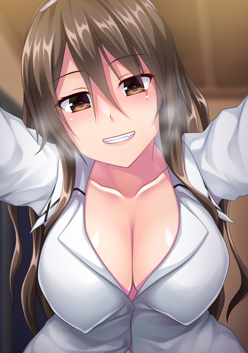 1girl absurdres ashigara_(kancolle) ashigara_kai_ni_(kancolle) breasts brown_eyes brown_hair collarbone collared_shirt hairband heart heart_in_eye highres kantai_collection large_breasts long_hair long_sleeves ruin_re_birth shirt smile solo symbol_in_eye wavy_hair white_hairband white_shirt