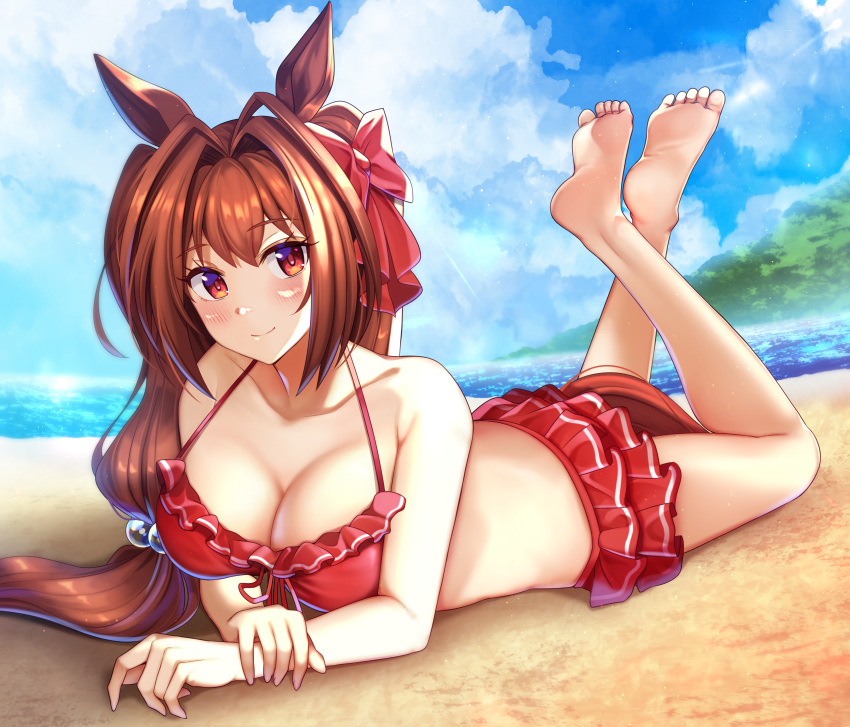 1girl absurdres animal_ears bangs beach bikini blush bow breasts cleavage closed_mouth daiwa_scarlet_(umamusume) eyebrows_visible_through_hair feet_up full_body hair_bow hair_intakes hair_ornament highres horse_ears horse_girl large_breasts long_hair looking_at_viewer lying on_stomach red_bikini red_bow red_eyes smile soles solo swimsuit thighs umamusume water z.nov