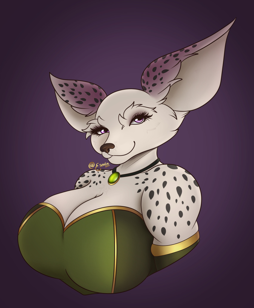 absurd_res anthro big_breasts blizzard_entertainment breasts canid canine clothed clothing conditional_dnp curvy_figure digital_media_(artwork) esealia female fennec fox fur hi_res huge_breasts jewelry looking_at_viewer mammal necklace simple_background smile solo spots spotted_body spotted_fur video_games voluptuous vulpera warcraft white_body white_fur