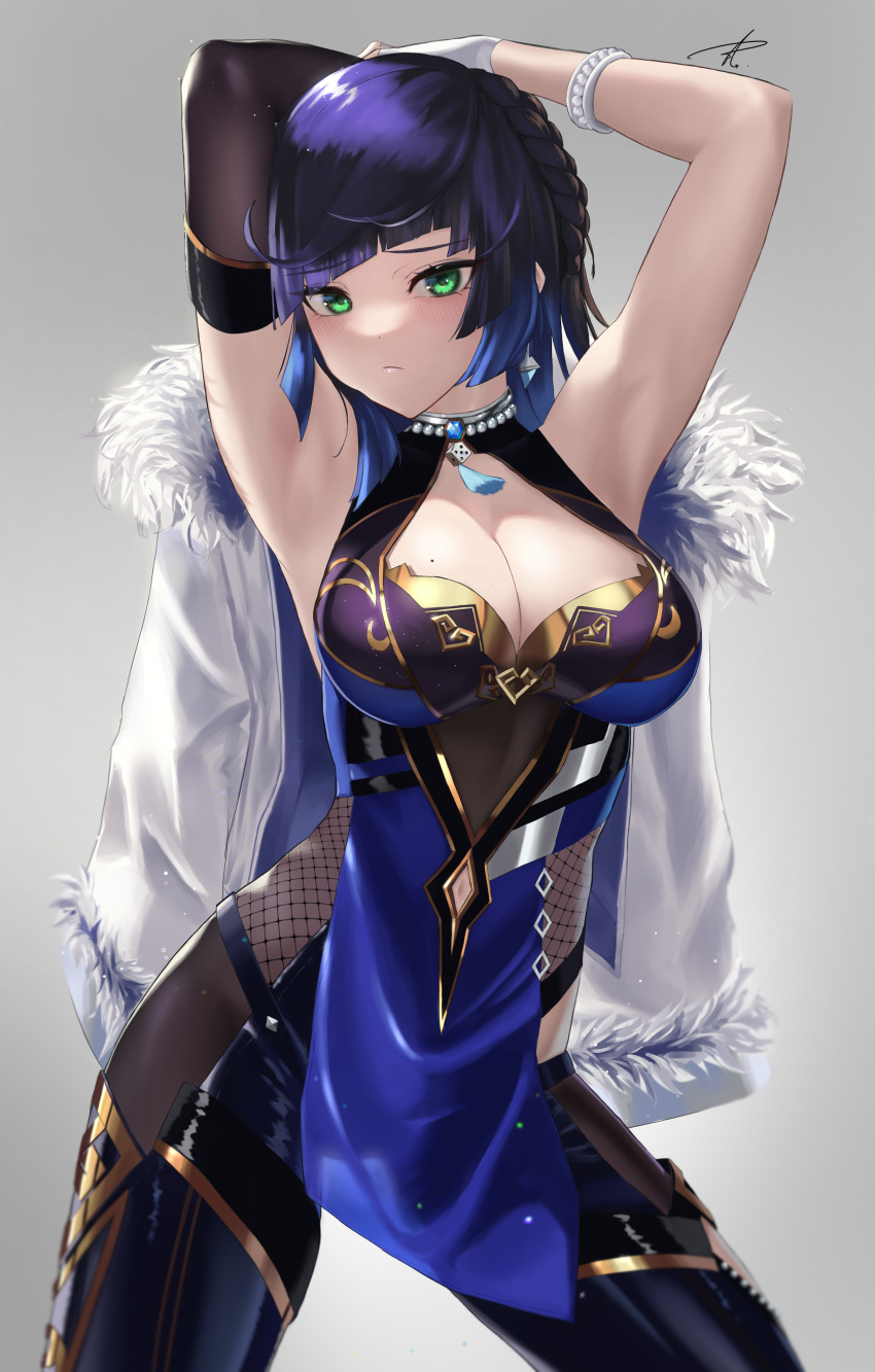1girl absurdres armpits arms_up bangs black_gloves black_legwear blue_dress blue_hair blush bob_cut breasts cleavage closed_mouth diagonal_bangs dice dress earrings elbow_gloves fingerless_gloves fur-trimmed_jacket fur_trim genshin_impact gloves green_eyes highres jacket jacket_on_shoulders jewelry large_breasts looking_at_viewer mole mole_on_breast multicolored_hair neck_tassel pelvic_curtain short_hair signature simple_background single_elbow_glove sleeveless sleeveless_dress solo two-tone_hair white_gloves white_jacket yaba_(yabababa500) yelan_(genshin_impact)