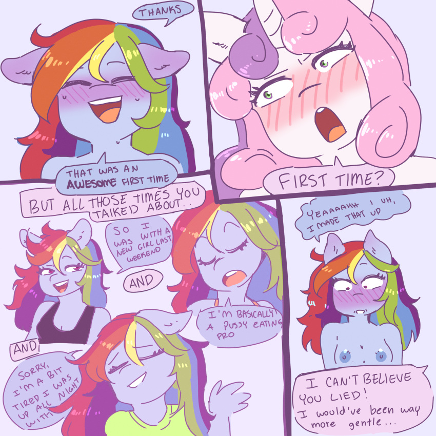 2022 absurd_res after_sex anthro anthro_on_anthro anthrofied blush breasts comic currentlytr_ash dialogue duo english_text equid equine female female/female friendship_is_magic hair hasbro hi_res horn horse humor mammal multicolored_hair my_little_pony nipples nude open_mouth pink_hair pony rainbow_dash_(mlp) rainbow_hair sweetie_belle_(mlp) text unicorn virgin