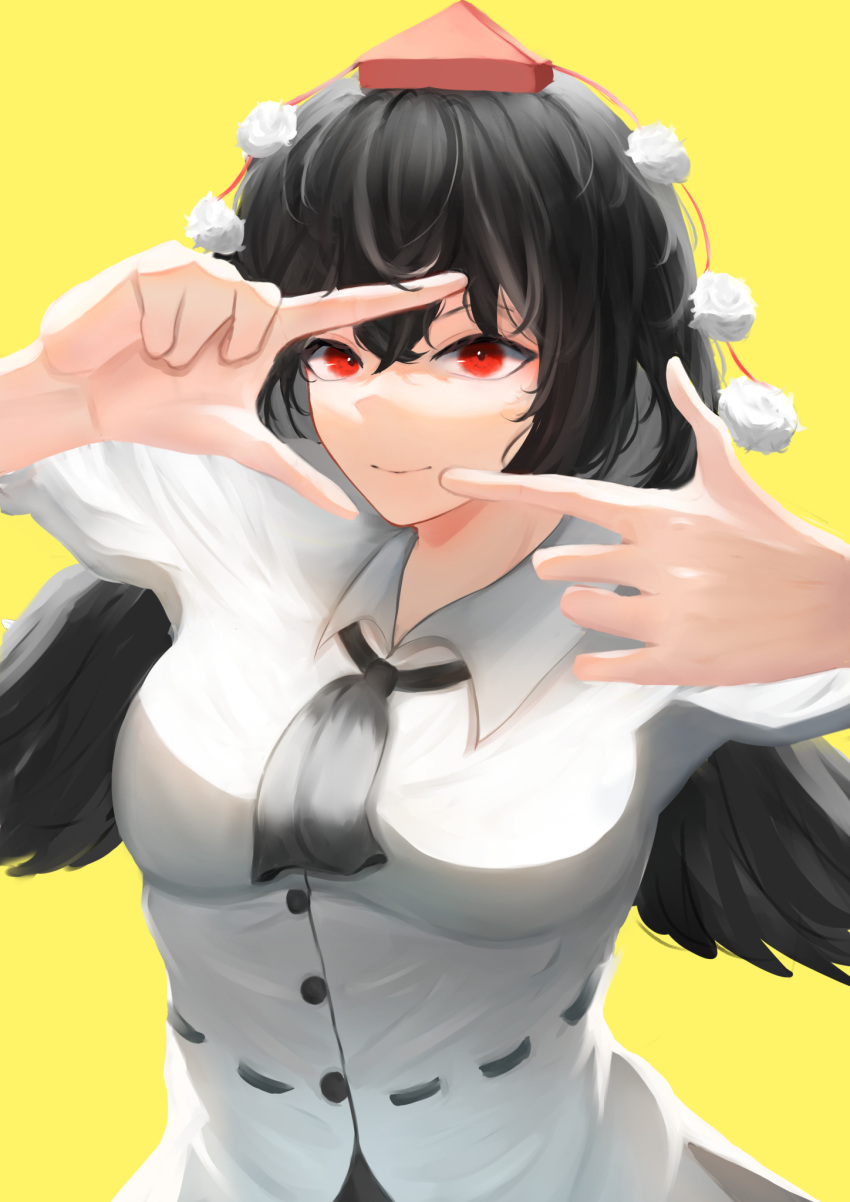 1girl black_hair black_neckwear breasts closed_mouth eyebrows_behind_hair feathered_wings finger_frame hair_between_eyes hat highres light_smile looking_at_viewer pom_pom_(clothes) red_eyes shameimaru_aya shirt simple_background solo tokin_hat touhou upper_body white_shirt wings yellow_background yuhel