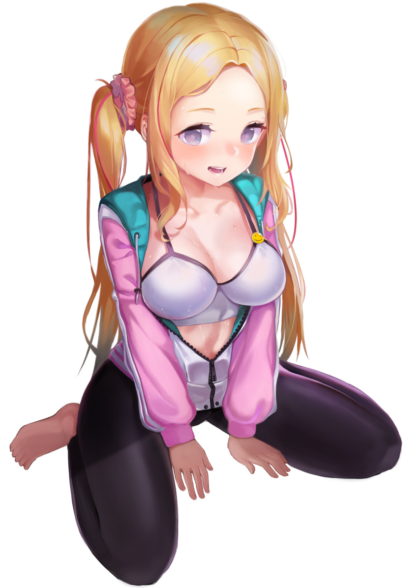 1girl adella_(some_some_convenience_store) barefoot bikini bikini_top_only black_legwear blonde_hair blush breasts hair_ornament hair_scrunchie highres jacket large_breasts leggings long_hair long_sleeves looking_at_viewer multicolored_hair navel open_clothes open_jacket open_mouth pink_jacket pink_scrunchie purple_eyes scrunchie simple_background sitting solo some_some_convenience_store streaked_hair sweat swimsuit taena unzipped very_long_hair wariza white_background white_bikini zipper zipper_pull_tab