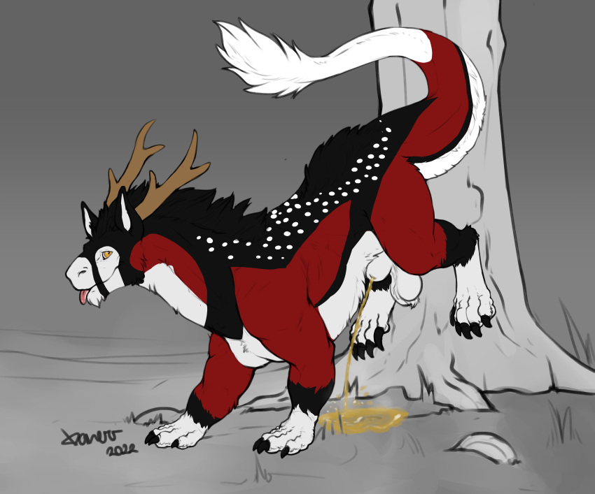 2022 absurd_res amber_eyes animal_genitalia antlers balls big_claws black_claws bodily_fluids claws colored_sketch countershade_fur countershade_neck countershade_tail countershading curved_tail danero detailed_background digital_drawing_(artwork) digital_media_(artwork) digitigrade felkin feral fully_sheathed fur fur_tuft genital_fluids genital_fluids_from_penis genital_fluids_on_ground genitals grass hi_res horn long_tail looking_at_viewer male marking_territory multi_tone_tail nature outside peeing peeing_on_ground peeing_on_tree plant quadruped red_body red_fur red_tail roots sanguine_(sanguinederg) sheath signature sketch smile snout solo spots spotted_body spotted_fur standing tail_tuft tongue tongue_out tree tree_trunk tuft urine urine_on_ground urine_pool urine_puddle urine_stream watermark watersports white_body white_countershading white_tail