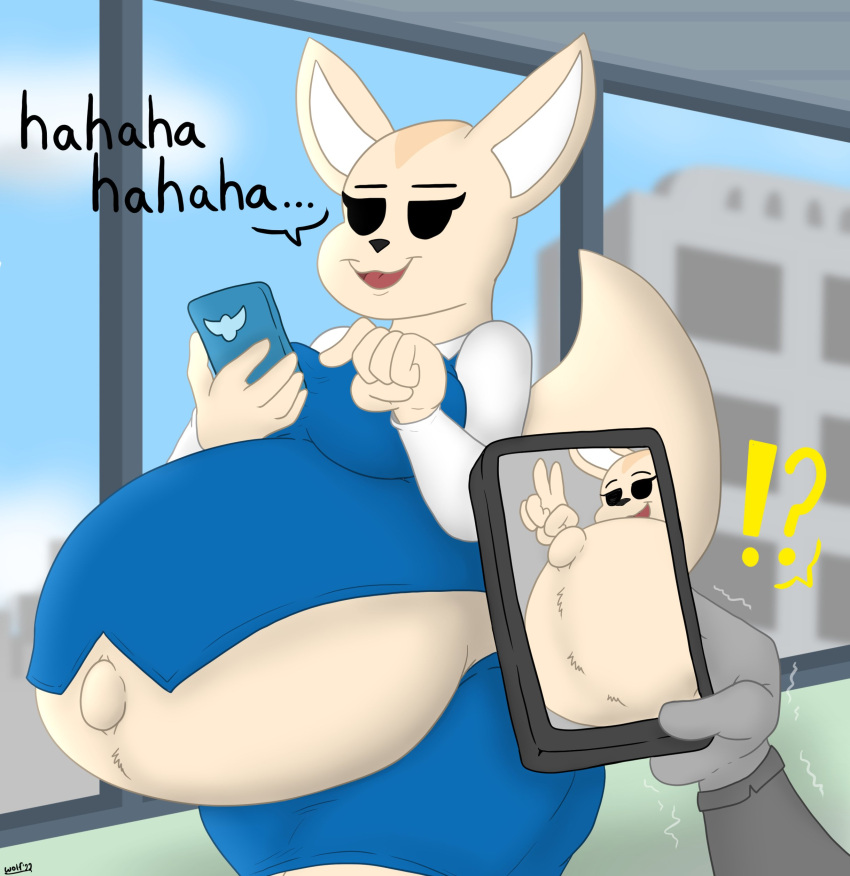 2022 absurd_res aggressive_retsuko anthro belly big_belly business_suit canid canine cellphone city city_background cityscape clothing female fennec fenneko fox fur gesture hi_res laugh low-angle_view mammal navel offscreen_character outie_navel phone pregnant sanrio selfie suit tan_body tan_fur teasing tight_clothing undyingwolf v_sign window