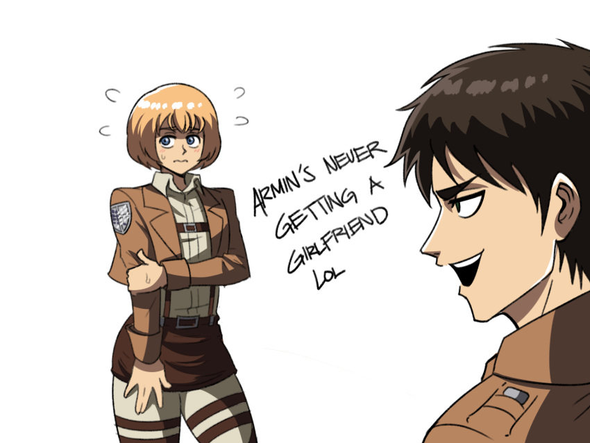 2boys armin_arlert belt blonde_hair blush brown_jacket closed_mouth english_text eren_yeager flying_sweatdrops highres jacket male_focus multiple_boys open_mouth otoko_no_ko paradis_military_uniform shingeki_no_kyojin simple_background skirt smile smug survey_corps_(emblem) tina_fate wavy_mouth white_background