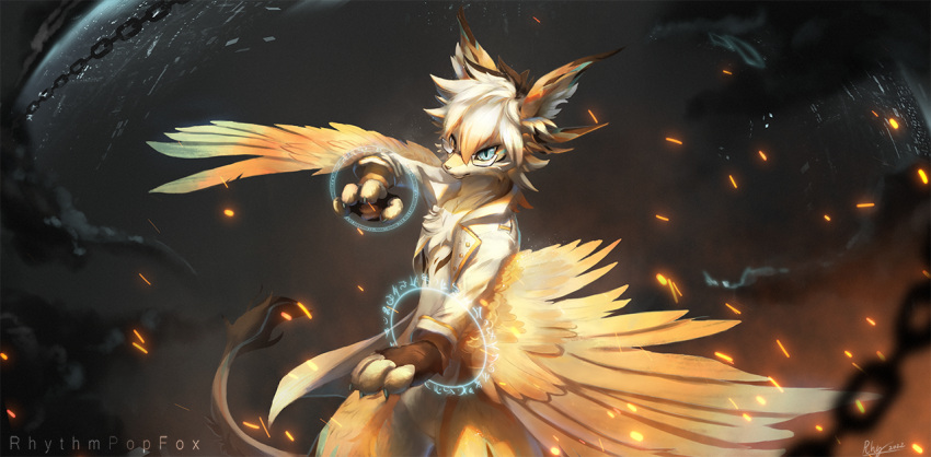 2022 anthro avian bird blue_eyes blurred_background canid canine chain cheek_tuft chest_tuft claws clothing coat dragon embers eyewear facial_tuft feathered_wings feathers finger_claws fingerless_gloves fox glasses gloves hair handwear hybrid kaide_(rhythmpopfox) kemono magic magic_user male mammal pupils rhythmpopfox runes shaded signature slit_pupils smoke solo tail_tuft topwear tuft watermark white_clothing white_coat white_hair white_topwear winged_arms wings yellow_body yellow_feathers