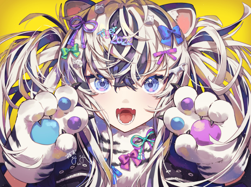 1girl 2022 778-go animal_ears animal_hands bangs blue_eyes bow chinese_zodiac hair_between_eyes hair_ornament looking_at_viewer open_mouth original solo tiger tiger_ears tiger_girl white_tiger year_of_the_tiger yellow_background