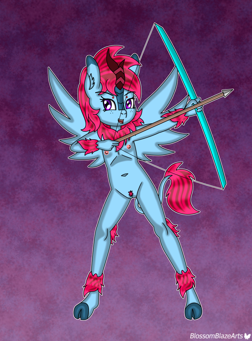 absurd_res anthro arrow_(weapon) asian_mythology blossomblaze bow_(weapon) chinese_mythology east_asian_mythology equid equine fan_character female freckles genitals hasbro hi_res horn humanoid kirin looking_at_viewer mammal my_little_pony mythology nipples pose pussy ranged_weapon scales smile smiling_at_viewer solo spread_arms spread_legs spread_wings spreading weapon wings