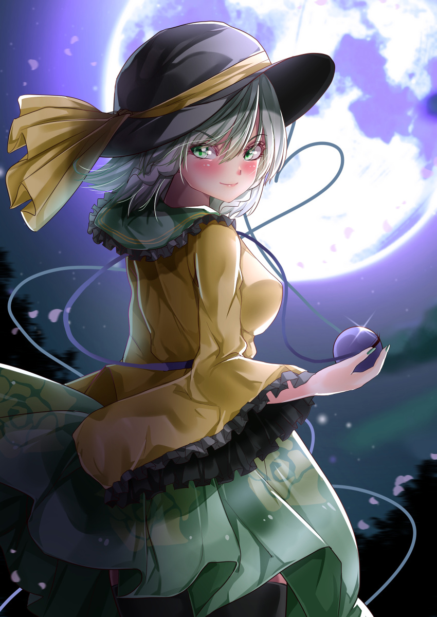 1girl absurdres black_headwear black_legwear blouse blush breasts closed_mouth cowboy_shot eyeball eyebrows_visible_through_hair floral_print frilled_shirt_collar frilled_sleeves frills from_side green_eyes green_hair green_nails green_skirt hat hat_ribbon highres holding komeiji_koishi long_sleeves looking_at_viewer looking_to_the_side maboroshi_mochi medium_breasts medium_hair moon nail_polish outdoors petals print_skirt ribbon rose_print skirt solo thighhighs third_eye touhou v-shaped_eyebrows wide_sleeves yellow_blouse yellow_ribbon