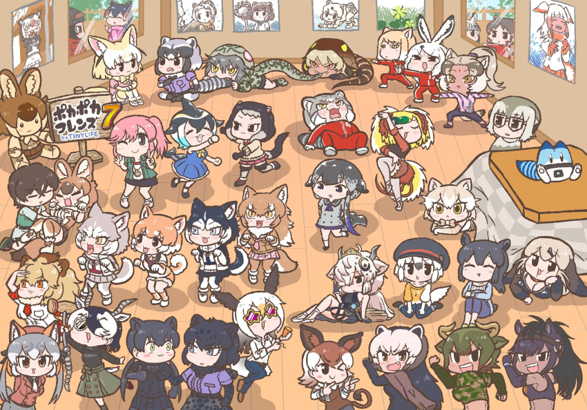 1boy 6+girls :&lt; :3 ;) ^_^ alpine_marmot_(kemono_friends) animal_ears antelope_ears antelope_horns arctic_hare_(kemono_friends) arm_support arms_behind_back atlantic_puffin_(kemono_friends) aurochs_(kemono_friends) badger_ears bald_eagle_(kemono_friends) bangs beanie bear_ears big_hair bird_girl bird_tail bird_wings biting black_eyes black_hair black_jaguar_(kemono_friends) black_leopard_(kemono_friends) blackbuck_(kemono_friends) blue_eyes bow bowtie breasts bridle brown_bear_(kemono_friends) brown_eyes brown_hair brown_sports_bra brown_thoroughbred_(kemono_friends) captain_(kemono_friends) cat_(kemono_friends) cat_ears cetacean_tail chibi cleavage closed_eyes closed_mouth common_dolphin_(kemono_friends) common_raccoon_(kemono_friends) cow_ears cow_horns crescent crescent_hair_ornament dancing dark-skinned_female dark_skin day dhole_(kemono_friends) dog_(mixed_breed)_(kemono_friends) dog_(shiba_inu)_(kemono_friends) dog_ears dog_girl dog_tail dolphin_girl dorsal_fin dress elbow_gloves elbow_rest empty_eyes everyone expressionless extra_ears eyebrows_visible_through_hair fang fangs fennec_(kemono_friends) fins fox_ears fox_girl fox_tail fur_collar glasses gloves gorilla_(kemono_friends) greater_bird-of-paradise_(kemono_friends) green_hair grey_hair hair_ornament hair_over_one_eye halftone halftone_background hand_on_own_cheek hand_on_own_face hands_up hat head_fins head_rest head_wings heart heart-shaped_eyewear heterochromia highres hippopotamus_(kemono_friends) hood hood_up hooded_jacket horns horse_ears indian_wolf_(kemono_friends) indoors island_fox_(kemono_friends) jacket jaguar_ears jaguar_print japanese_crested_ibis_(kemono_friends) japanese_wolf_(kemono_friends) jitome kemono_friends kemono_friends_3 king_cobra_(kemono_friends) kneeling kotatsu kotobuki_(tiny_life) leaning_back leaning_forward leopard_ears light_brown_hair lion_(kemono_friends) lion_ears long_hair long_sleeves looking_at_another looking_at_viewer lucky_beast_(kemono_friends) lying malayan_tapir_(kemono_friends) medium_hair meerkat_(kemono_friends) meerkat_ears mountain_tapir_(kemono_friends) multicolored_hair multiple_girls nana_(kemono_friends) narwhal_(kemono_friends) necktie official_alternate_costume okapi_(kemono_friends) okapi_ears okapi_tail okinawa_habu_(kemono_friends) on_back on_stomach one_eye_closed open_mouth orange_eyes outstretched_arms ox_ears ox_horns pallas's_cat_(kemono_friends) pants parted_lips paw_pose photo_(object) pink_hair plains_zebra_(kemono_friends) pointing pointing_at_another polar_bear_(kemono_friends) pose poster_(object) print_gloves print_skirt purple_hair rabbit_ears raccoon_ears raccoon_girl raccoon_tail red_hair red_jacket red_pants red_track_suit sable_(kemono_friends) shirt shoes short-sleeved_sweater short_sleeves siberian_husky_(kemono_friends) side_ponytail sidelocks sign sitting skirt smile snake_tail southern_tamandua_(kemono_friends) sports_bra spread_arms standing star-shaped_eyewear steller's_sea_lion_(kemono_friends) streaked_hair stretch striped_tail sunglasses sweat sweater table tail tail_fin tamandua_tail tan tapir_ears tibetan_fox_(kemono_friends) tongue tongue_out track_jacket track_pants track_suit tsurime twintails under_kotatsu under_table v v-shaped_eyebrows vest white_hair window wings wolf_ears wolf_girl wolf_tail wolverine_(kemono_friends) wooden_floor yak_(kemono_friends) yellow_eyes yoga zebra_ears