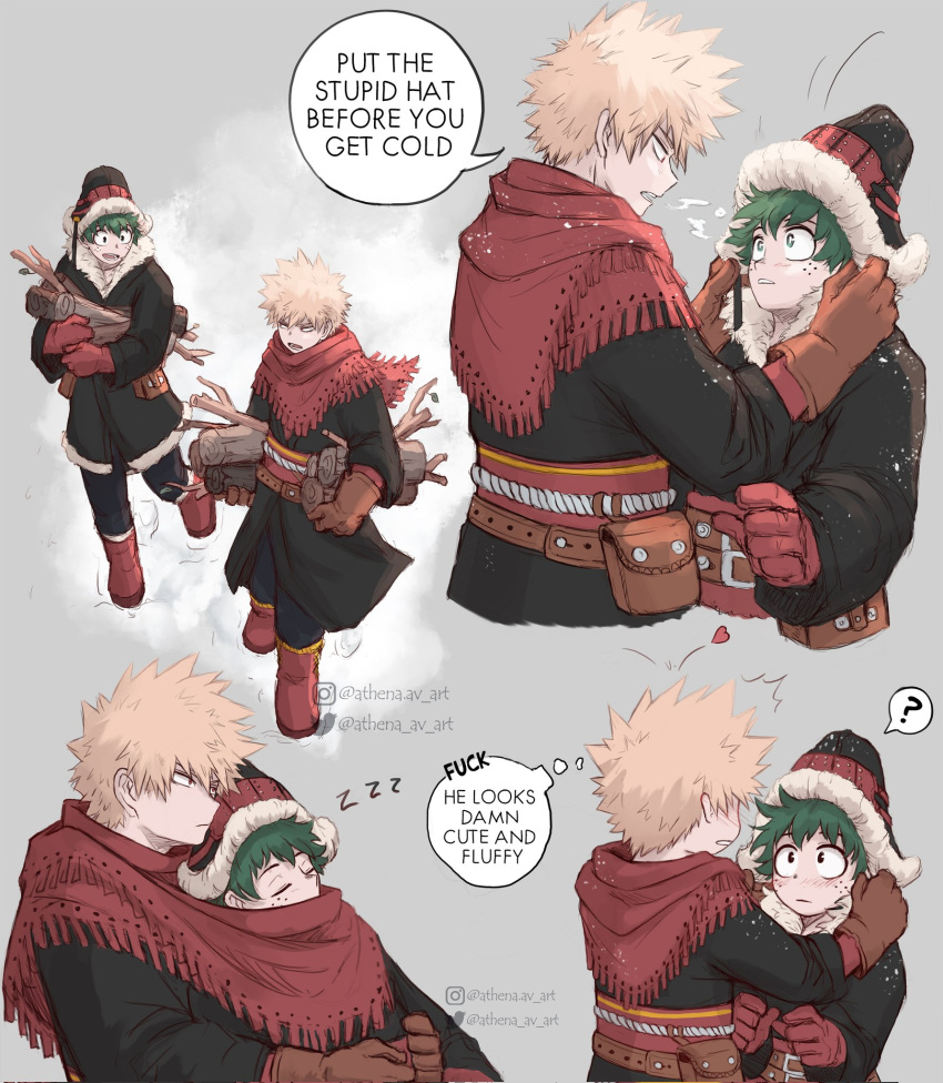2boys ? adjusting_another's_clothes artist_name athena_av bakugou_katsuki belt black_coat black_headwear black_pants blonde_hair blush boku_no_hero_academia brown_bag brown_belt brown_gloves closed_eyes coat commentary english_commentary english_text eye_contact firewood freckles full_body fur-trimmed_coat fur-trimmed_headwear fur_trim gloves green_eyes green_hair grey_background hat heart highres holding instagram_logo instagram_username log looking_at_another male_focus midoriya_izuku multiple_boys multiple_views official_alternate_costume open_mouth pants profanity red_eyes red_gloves red_scarf scarf shared_clothes shared_scarf short_hair sleeping smile speech_bubble spiked_hair spoken_question_mark standing talking teeth thought_bubble twitter_logo twitter_username walking watermark yaoi zzz