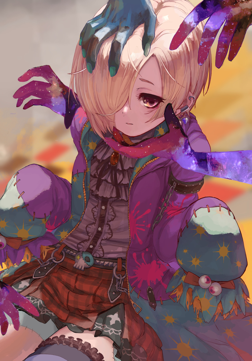 1girl absurdres black_shirt blonde_hair blood blood_stain disembodied_limb ear_piercing hair_over_one_eye highres idolmaster idolmaster_cinderella_girls jacket kiichirou magic_hand multicolored_clothes multicolored_jacket patchwork_clothes patchwork_skin piercing red_skirt shirasaka_koume shirt single_thighhigh skirt sleeves_past_fingers sleeves_past_wrists solo_focus thighhighs