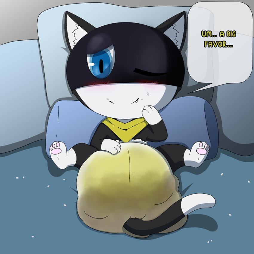 anthro atlus bed black_body black_fur blue_eyes blush bodily_fluids diaper diaper_fetish digital_media_(artwork) domestic_cat english_text feces felid feline felis full_diaper fur furniture genital_fluids hi_res lying male mammal megami_tensei megami_tensei_persona messy_diaper morgana_(persona) nikohowlii on_back on_bed scat smile soiled_diaper soiling solo text urine video_games wet_diaper wetting