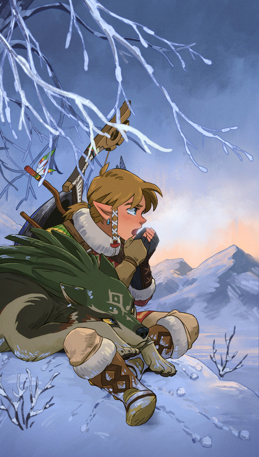 1boy 1other absurdres blue_eyes bow_(weapon) breath brown_hair cold colored_sclera crossover earrings english_commentary facial_mark forehead_mark gloves grey_sky hair_ornament highres jewelry link low_ponytail male_focus malin_falch mountainous_horizon partially_fingerless_gloves pointy_ears shield short_ponytail snow solo the_legend_of_zelda the_legend_of_zelda:_breath_of_the_wild the_legend_of_zelda:_twilight_princess vambraces weapon weapon_on_back winter wolf wolf_link x_hair_ornament yellow_sclera