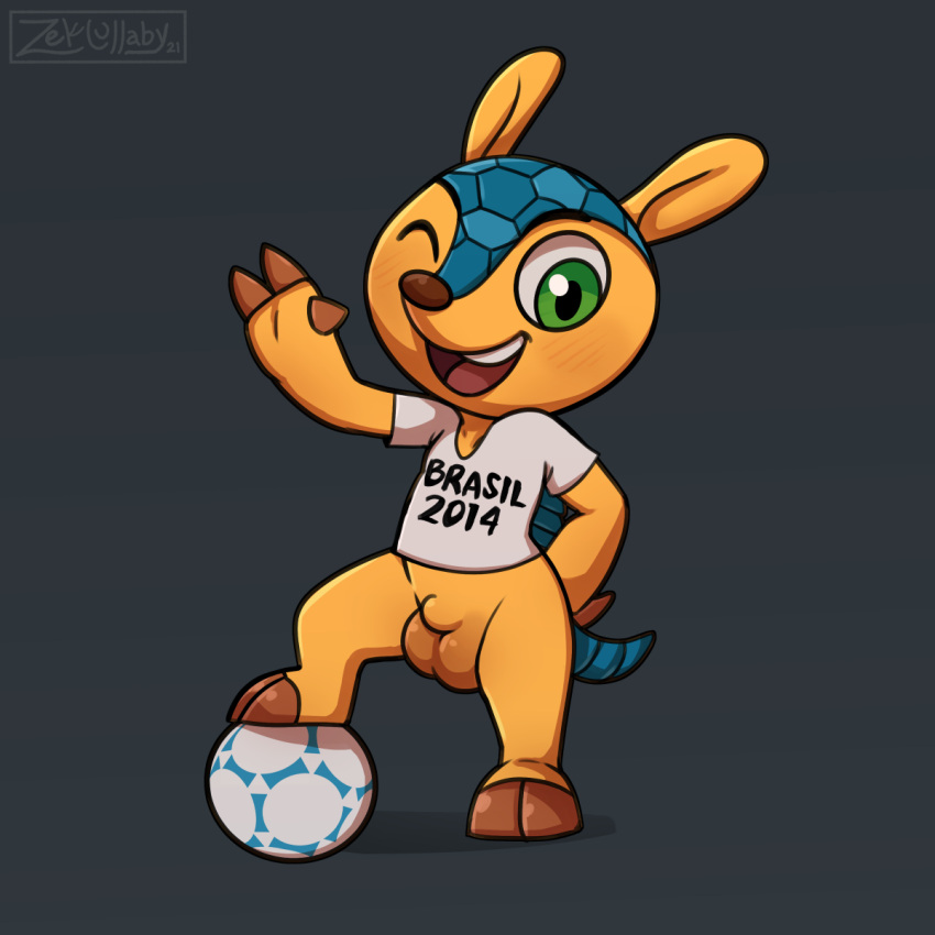 anthro armadillo ball balls blush blush_lines bottomless brazil casual_nudity clothed clothing fifa fifa_soccer fuleco genitals hi_res looking_at_viewer male mammal mascot partially_clothed penis soccer soccer_ball solo sport world_cup xenarthran zeklullaby