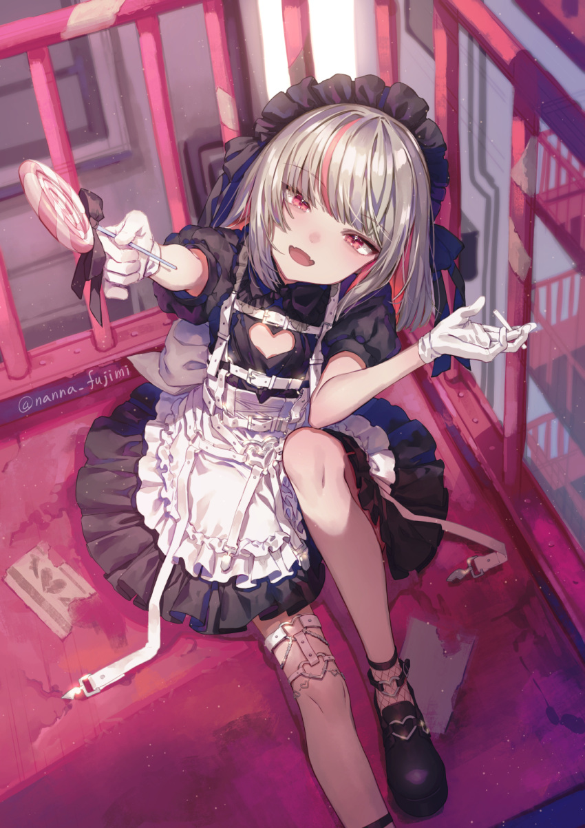 1girl 778-go alternate_costume apron black_footwear candy cigarette cleavage_cutout clothing_cutout enmaided eyebrows_visible_through_hair food frills grey_hair highres indoors looking_at_viewer maid maid_apron maid_headdress makaino_ririmu multicolored_hair nijisanji open_mouth pink_hair red_eyes short_sleeves smile solo streaked_hair two-tone_hair virtual_youtuber