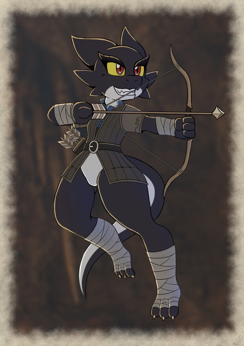 ambiguous_gender anthro arrow_(weapon) black_body black_skin bow_(weapon) clothed clothing fangs hi_res kobold ranged_weapon red_eyes solo vavacung weapon