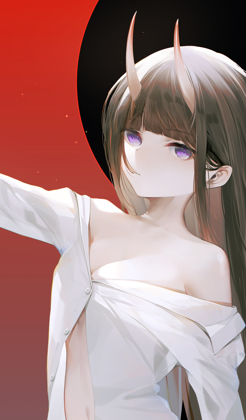 1girl absurdres azur_lane bangs black_background black_hair blunt_bangs breasts cleavage close-up collarbone collared_shirt commentary_request expressionless highres hime_cut horns ka11_ca long_hair long_sleeves naked_shirt noshiro_(azur_lane) off_shoulder oni_horns purple_eyes red_background shirt sidelocks sleeves_past_wrists small_breasts solo unbuttoned very_long_hair white_shirt