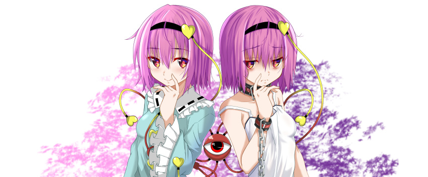 1girl 2girls breasts chain clone collar collarbone cuffs eyeball fumihiro hairband heart highres komeiji_satori looking_at_viewer multiple_girls pink_hair red_eyes small_breasts solo touhou