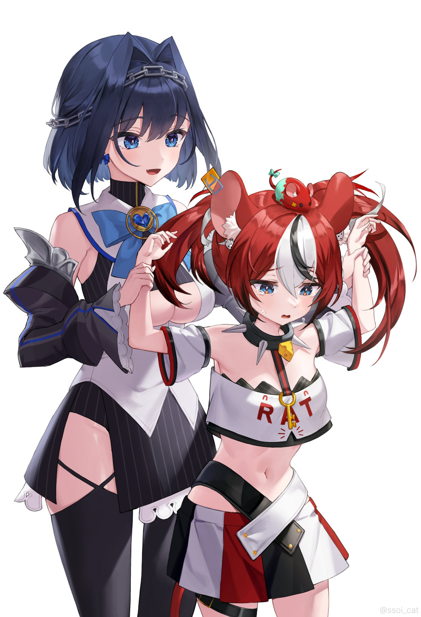 2girls absurdres animal_ears bangs black_gloves black_hair blue_eyes blue_hair bow bow_earrings breasts chain detached_sleeves earrings eyebrows_visible_through_hair gloves hair_intakes hakos_baelz highres hololive hololive_english jewelry large_breasts long_hair mouse_ears mouse_girl mouse_tail mr._squeaks_(hakos_baelz) multicolored_hair multiple_girls ouro_kronii red_hair shirt short_hair simple_background skirt spikes ssoi_cat streaked_hair tail twintails virtual_youtuber white_background white_hair