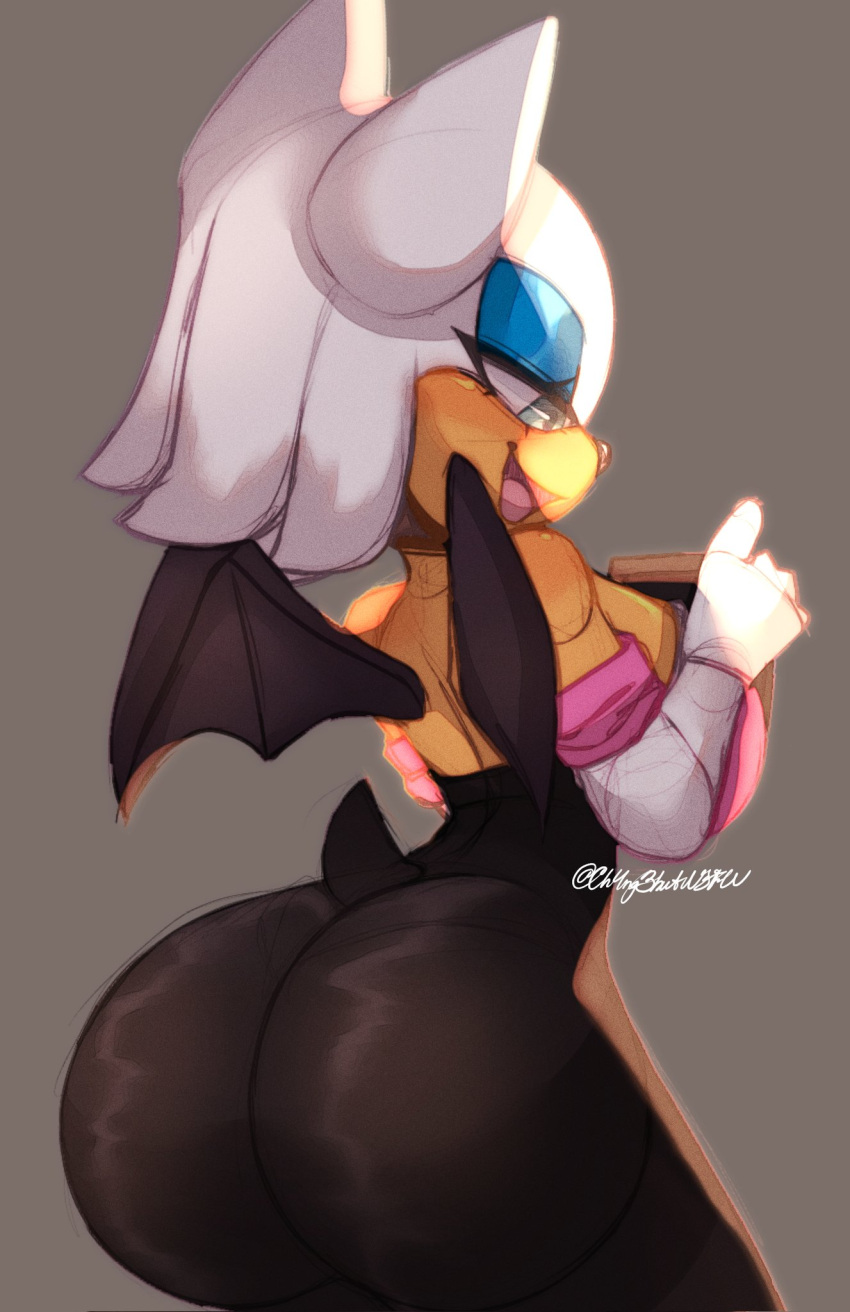 anthro big_breasts big_butt breasts butt ch4ng3 chiropteran clothed clothing female hair hi_res mammal rouge_the_bat sega simple_background solo sonic_the_hedgehog_(series) white_hair