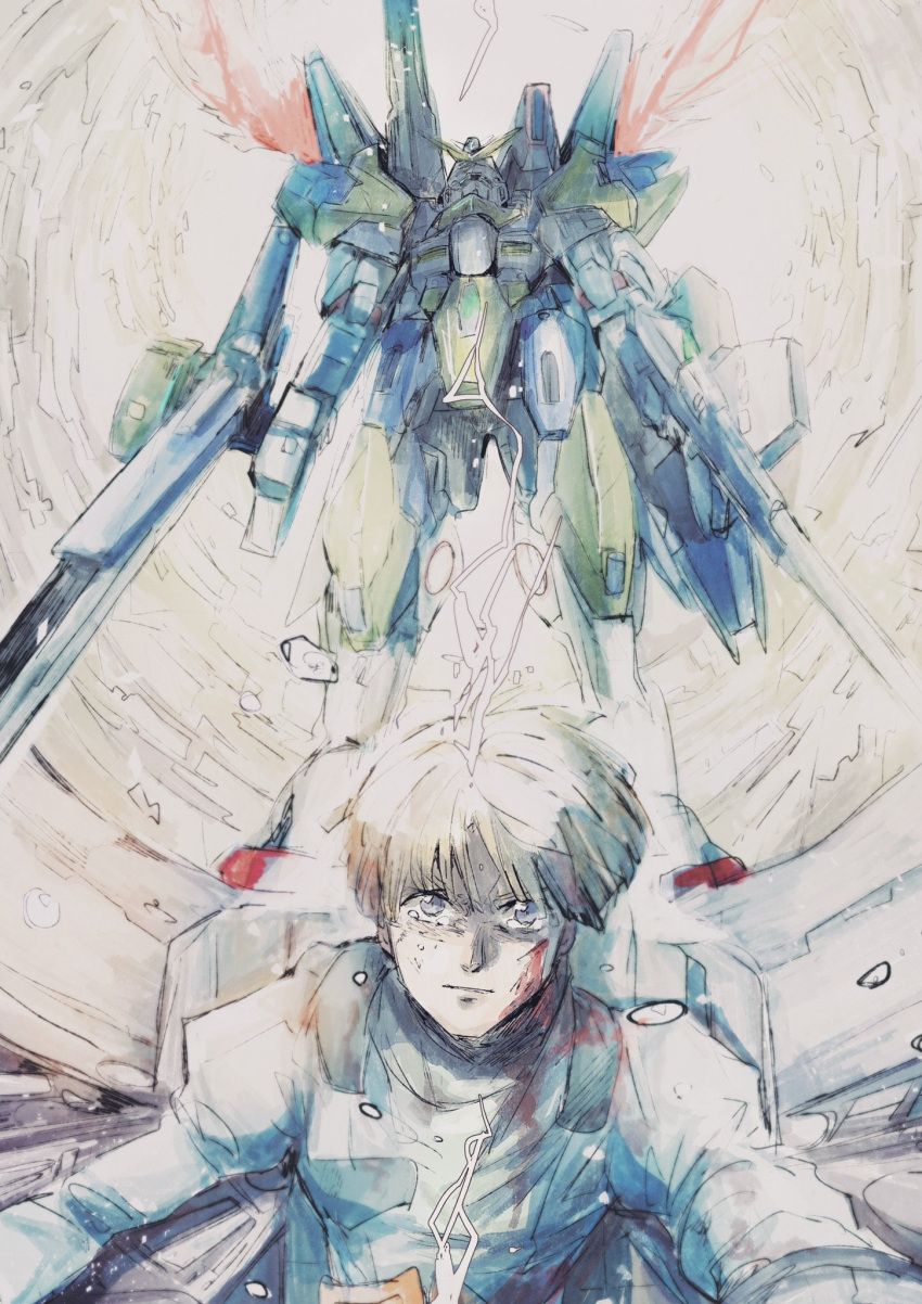 1boy blood blood_on_face cockpit crying crying_with_eyes_open dual_wielding floating_hair grey_eyes gun gundam highres holding holding_gun holding_weapon kare_(0621utak) male_focus mecha mobile_suit science_fiction sitting sketch tears uso_ewin v-fin v2_gundam victory_gundam weapon