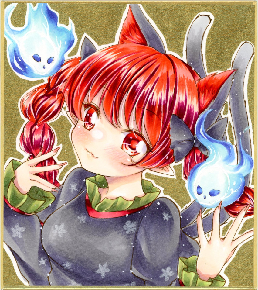 1girl :3 animal_ears blue_fire blush bow braid brown_background cat_ears cat_tail dress extra_ears eyebrows_visible_through_hair face fire flaming_skull floating_skull hair_bow hands_up highres hitodama juliet_sleeves kaenbyou_rin long_sleeves looking_at_viewer multiple_tails nekofish666 nekomata pointy_ears puffy_sleeves red_eyes red_hair shikishi simple_background skull smile solo tail touhou traditional_media twin_braids twintails two_tails upper_body