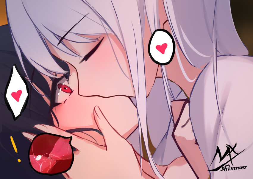 2girls angel_and_devil angel_girl_(shimmer) artist_name black-haired_demon_girl_(shimmer) black_hair blush closed_eyes cross-section french_kiss from_side hand_up heart highres kiss long_hair multiple_girls original profile red_eyes shimmer shirt signature spoken_heart white_hair white_shirt yuri