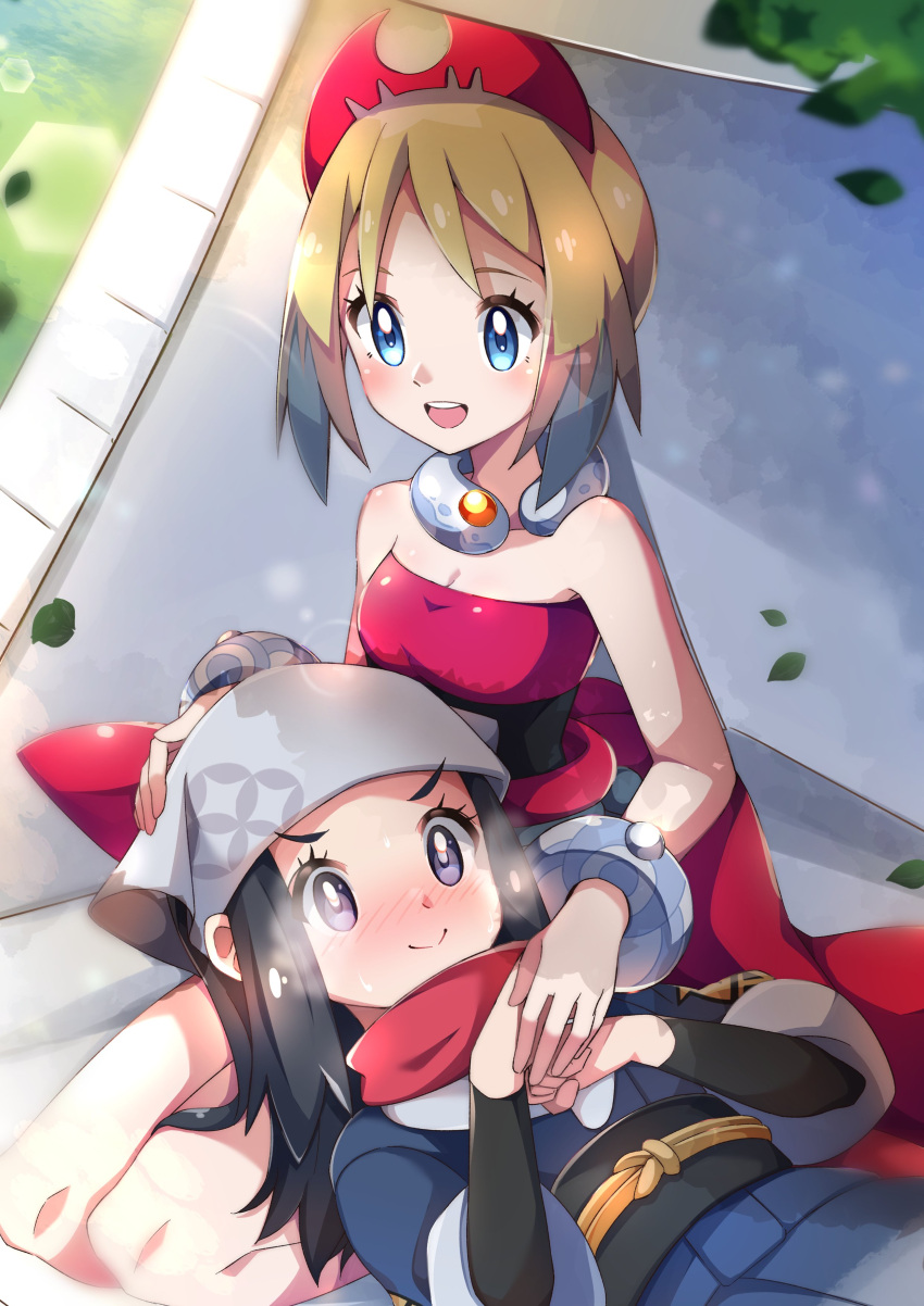 2girls absurdres akari_(pokemon) arm_wrap blonde_hair blue_eyes floating_scarf galaxy_expedition_team_survey_corps_uniform hairband head_scarf highres irida_(pokemon) jewelry miyama-san multiple_girls neck_ring pokemon pokemon_(game) pokemon_legends:_arceus red_hairband red_scarf red_shirt scarf shirt shorts strapless strapless_shirt waist_cape white_shorts