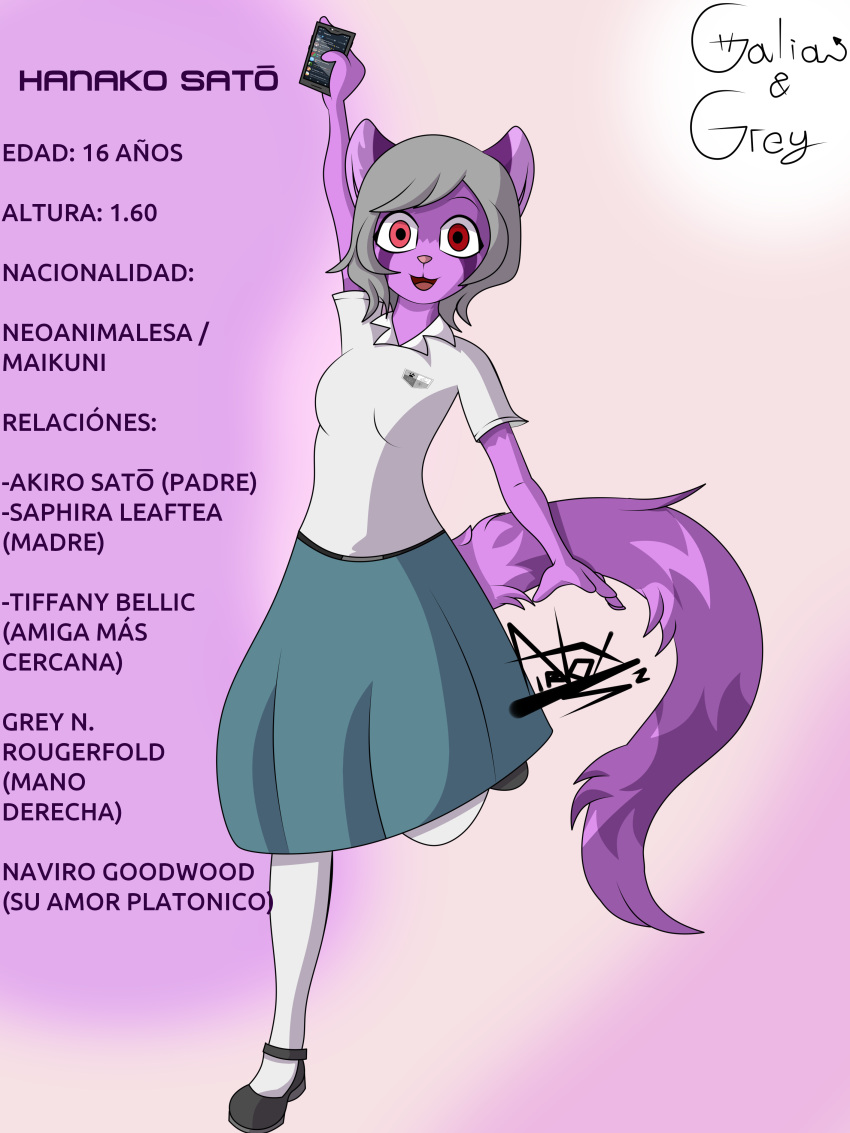 3:4 absurd_res ailurid anthro cellphone clothing dress female firenox1559 footwear gesture grey_hair hair hanako_sato(firenox1559) heterochromia hi_res legwear looking_at_viewer mammal phone pink_nose pose purple_body red_eyes red_panda school_uniform simple_background smile socks solo stripes teenager uniform white_clothing white_footwear white_socks young