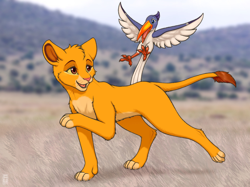 ambiguous_gender avian beak bird blue_body brown_eyes duo eye_contact felid feral flying fur grass_field grassland hi_res lion looking_at_another mammal open_mouth pantherine photo_background raised_leg raised_tail shadow white_body yellow_body yellow_fur