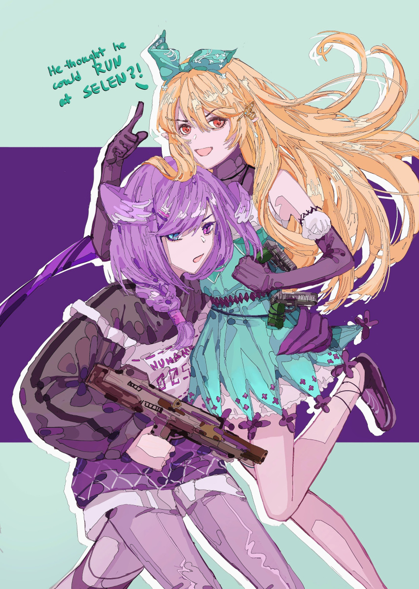 2girls absurdres apex_legends black_footwear black_gloves black_sweater blonde_hair blue_eyes braid brown_eyes butterfly_hair_ornament elbow_gloves gloves green_skirt gun hair_ornament handgun head_wings heterochromia high-waist_skirt highres long_hair looking_at_viewer medium_hair multiple_girls nijisanji nijisanji_en open_mouth p2020_(pistol) pants pistol pointing pointy_ears pomu_rainpuff purple_eyes purple_hair purple_pants selen_tatsuki skirt smile subigsan sweater tail twin_braids very_long_hair virtual_youtuber weapon