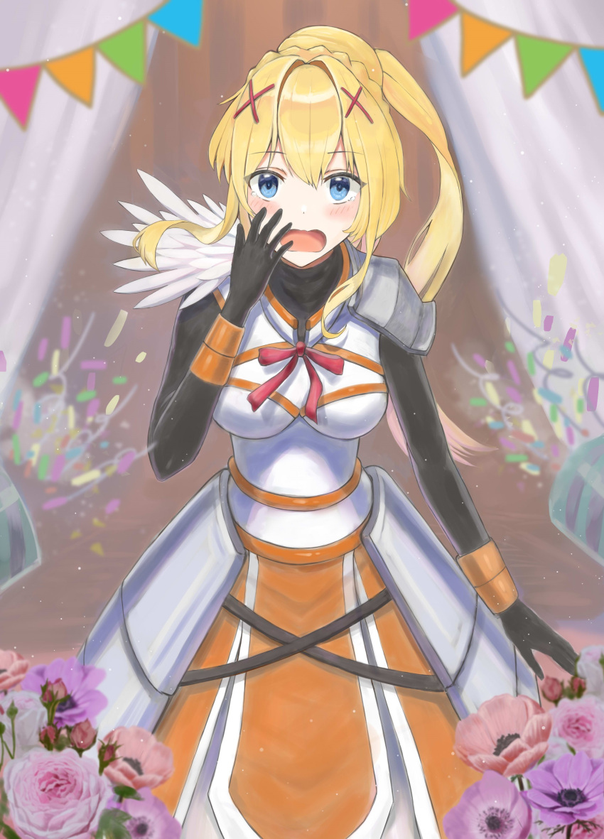 1girl absurdres armor bangs black_gloves blonde_hair blue_eyes blush confetti darkness darkness_(konosuba) gloves hair_between_eyes hair_ornament highres isome kono_subarashii_sekai_ni_shukufuku_wo! long_hair open_mouth party_popper ponytail solo surprised very_long_hair x_hair_ornament