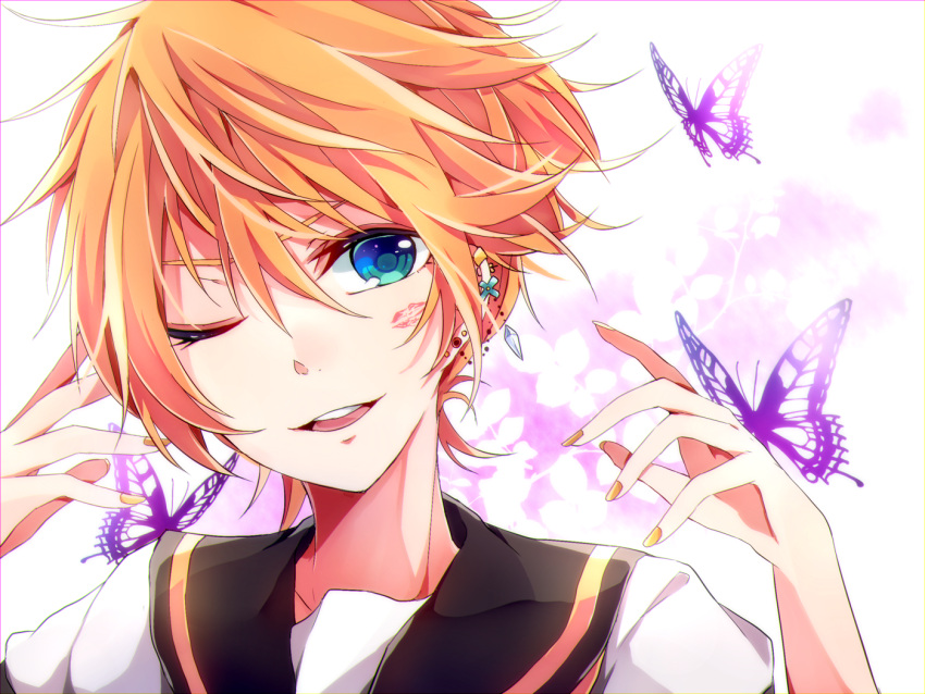 1boy blonde_hair bug butterfly earrings jewelry kagamine_len migikata_no_chou_(vocaloid) mikan_(kuriyu405) nail nail_polish necktie one_eye_closed purple_butterfly shirt short_hair short_sleeves solo upper_body vocaloid yellow_nails