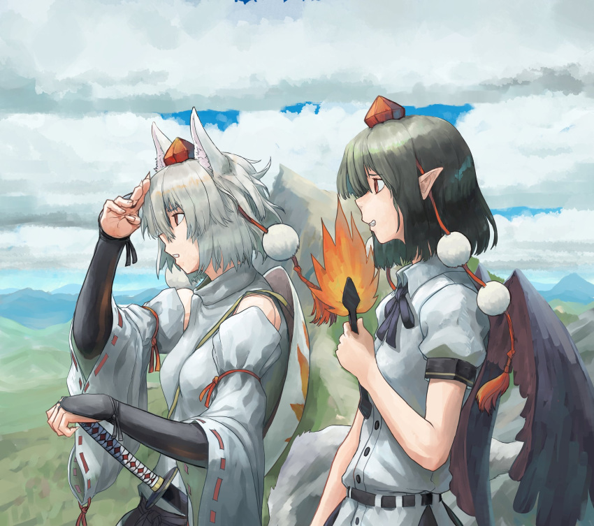 2girls animal_ears arm_at_side arm_up bare_arms black_hair bridal_gauntlets collared_shirt commentary_request day detached_sleeves fingernails from_side furrowed_brow grey_hair hand_on_hilt hand_up harapan-kun hat hauchiwa highres holding horizon inubashiri_momiji looking_afar medium_hair mountain mountainous_horizon multiple_girls outstretched_arms parted_lips pointy_ears pom_pom_(clothes) red_eyes shameimaru_aya sharp_fingernails sheath sheathed shield shirt short_sleeves sidelocks sleeveless sleeveless_shirt sword tail tokin_hat touhou upper_body weapon white_shirt wings wolf_ears wolf_girl wolf_tail
