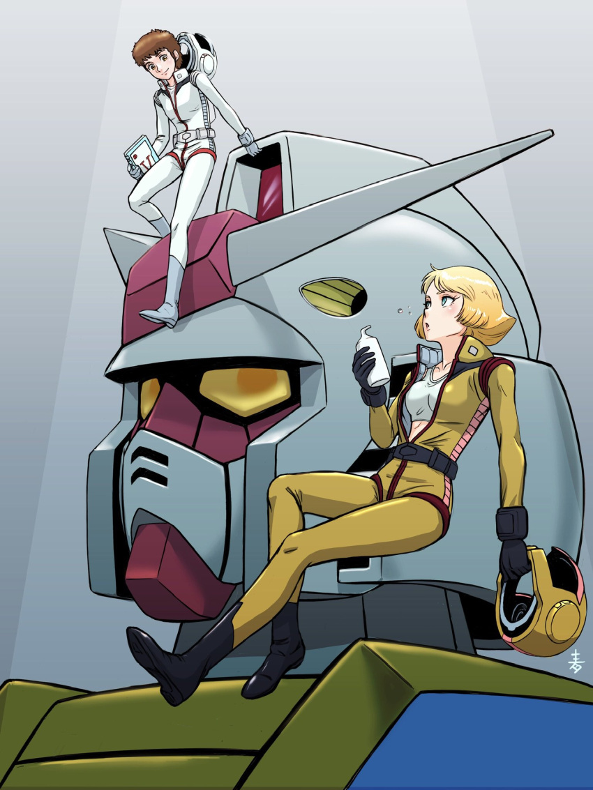 1boy 1girl amuro_ray aobito_sukayaka_bystander black_gloves blonde_hair blue_eyes book brown_eyes brown_hair floating gloves grey_gloves gundam hair_behind_ear headwear_removed helmet helmet_removed highres holding holding_book holding_helmet looking_up mecha mobile_suit mobile_suit_gundam pilot_suit rx-78-2 sayla_mass short_hair smile v-fin zero_gravity