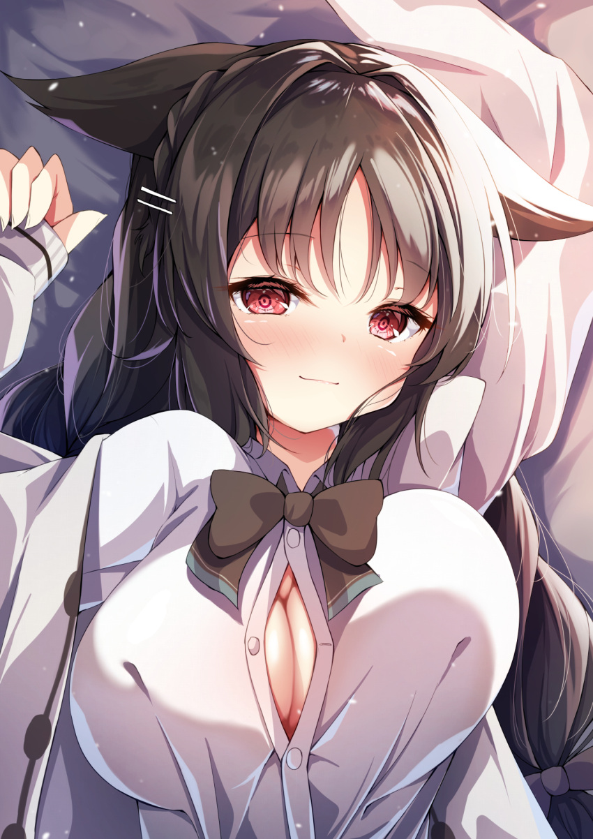 1girl animal_ears azur_lane bangs black_bow black_bowtie black_hair blush bow bowtie breasts button_gap cat_ears cat_girl cleavage closed_mouth collared_shirt eyebrows_visible_through_hair from_above hair_ornament hairclip highres large_breasts long_hair long_sleeves looking_at_viewer lying madotsukumo official_alternate_costume on_back ooshio_(azur_lane) ooshio_(let's_'ave_lunch)_(azur_lane) red_eyes shiny shiny_hair shiny_skin shirt smile solo upper_body white_shirt wing_collar