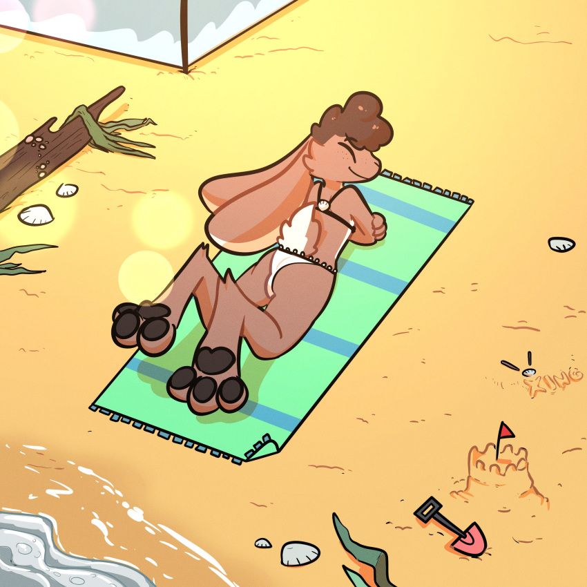 1:1 3_toes absurd_res anthro beach bikini black_pawpads brown_body brown_fur butt cheek_tuft clothed clothing crossdressing curled_hair ears_down eyes_closed facial_tuft feet fur hair hi_res lagomorph leporid lying lying_on_ground male mammal on_front pawpads paws pivoted_ears rabbit sand_castle sculpture seashell seaside shell smile smirk smug smug_face smug_grin solo sunbathing swimwear tan_body tan_fur the_xing1 toes tuft