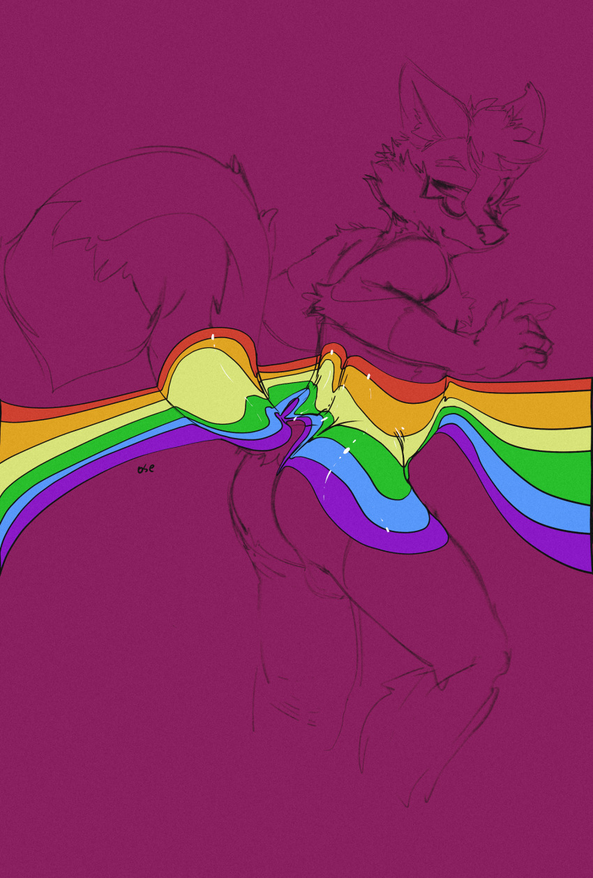 5_fingers anthro backsack balls biped butt cheek_tuft chest_tuft dipstick_tail elbow_tufts eyebrows facial_tuft fingers genitals gloves_(marking) hair half-closed_eyes hi_res inner_ear_fluff lgbt_pride looking_back male markings narrowed_eyes oselotti pride_colors short_hair shoulder_tuft solo tail_markings three-quarter_view tuft