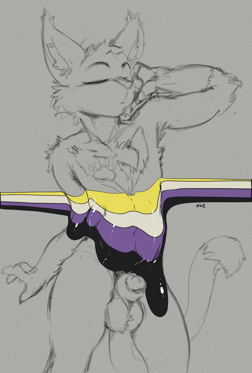 anthro balls biped cheek_tuft chest_tuft dipstick_tail ear_tuft elbow_tufts eyes_closed facial_tuft felid footprint front_view genitals hand_behind_head head_tuft hi_res inner_ear_fluff lgbt_pride male mammal markings nonbinary_pride_colors oselotti partially_colored pawprint pawprint_marking penis penis_tip pride_colors shoulder_tuft solo tail_markings tuft