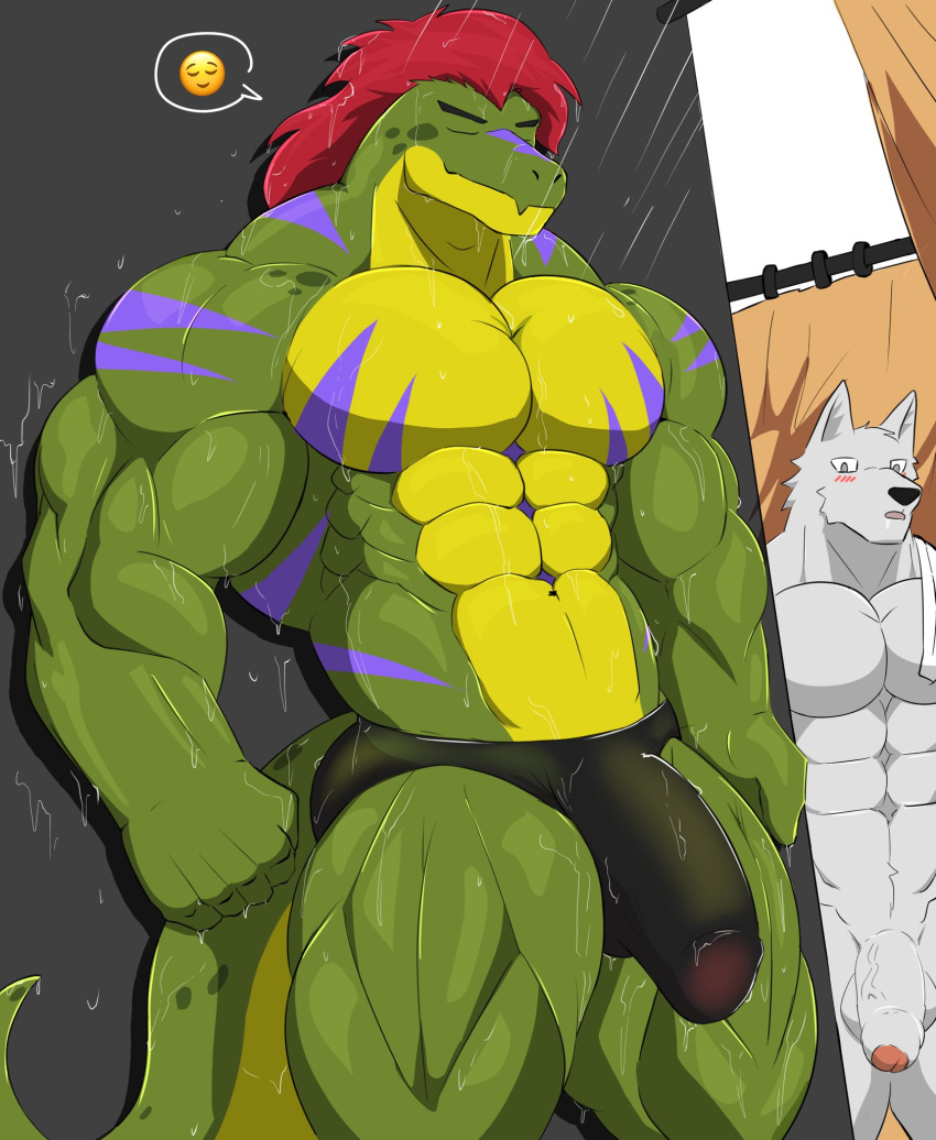 2022 abs alligator alligatorid anatake anthro balls barazoku biceps big_bulge big_muscles blush bulge canid clothed clothing crocodilian dialogue_box duo emoji erection erection_under_clothing eyebrows eyes_closed facial_markings five_nights_at_freddy's five_nights_at_freddy's:_security_breach flaccid foreskin genital_outline genitals hair head_markings hi_res huge_bulge huge_muscles humanoid_genitalia humanoid_penis inside looking_at_another male mammal markings montgomery_gator_(fnaf) muscular navel obliques pecs penis penis_outline pictographics quads reptile scalie scottgames shower showering standing tenting thick_thighs towel towel_on_shoulder underwear vein video_games water wet wet_body wet_clothing wet_underwear