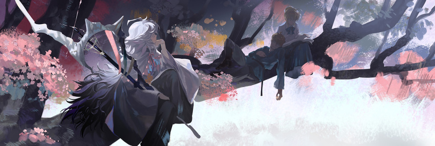 1girl 2boys ahoge arthur_pendragon_(fate) artoria_pendragon_(fate) black_footwear blonde_hair blue_bow blue_neckwear blue_skirt book boots bow branch cherry_blossoms commentary duplicate fate/grand_order fate_(series) flower grey_hair grey_pants holding holding_weapon japanese_clothes long_hair long_skirt mcmeao merlin_(fate) multiple_boys open_book pants pixel-perfect_duplicate saber shirt short_hair sitting skirt tree wavy_hair weapon white_shirt