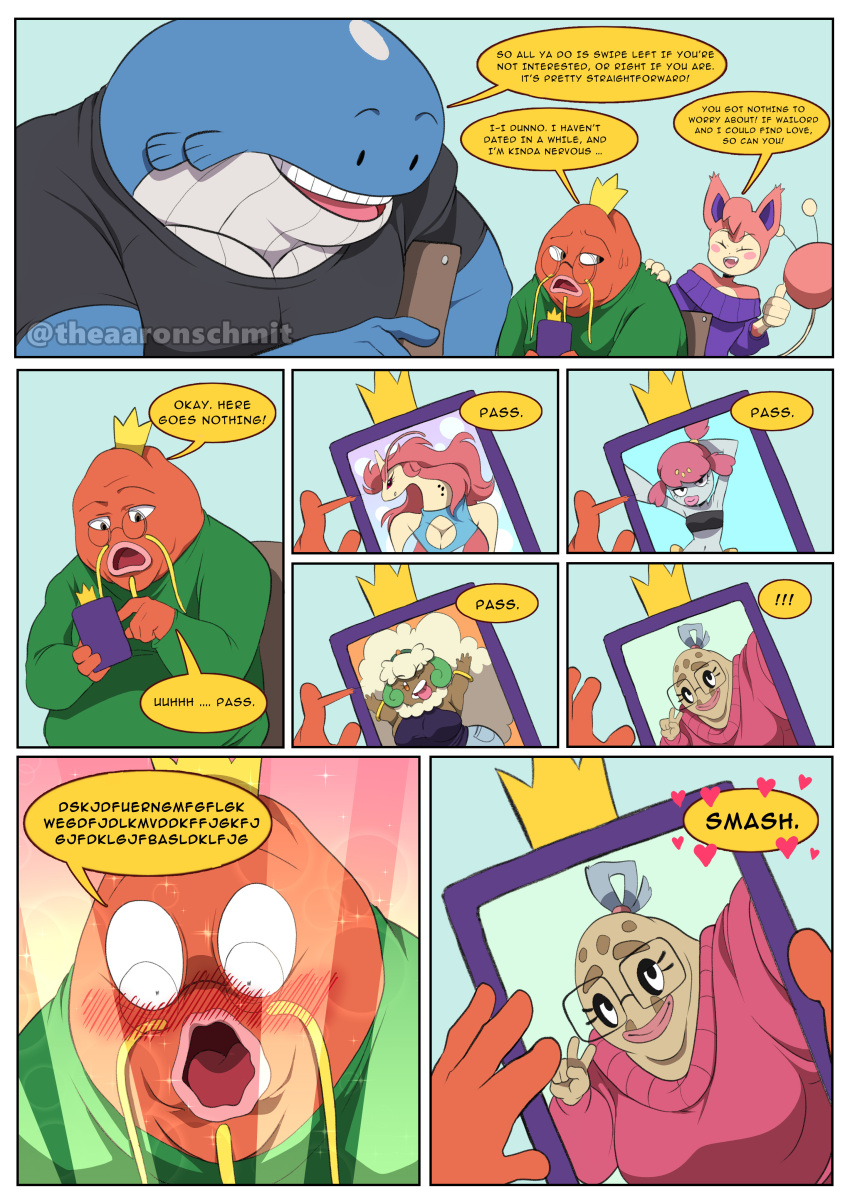 aaron_schmit absurd_res anthro cellphone clothed clothing comic dialogue english_text feebas female hi_res holding_cellphone holding_object holding_phone magikarp male medicham milotic nintendo phone pok&eacute;mon pok&eacute;mon_(species) skitty text tinder_skitty tinder_wailord video_games wailord whimsicott