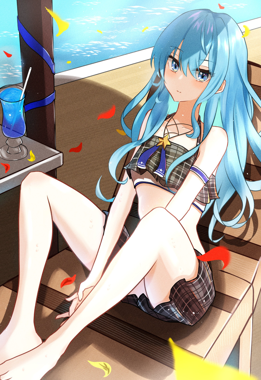 1girl absurdres arms_between_legs blue_eyes blue_hair blush breasts highres hololive hoshimachi_suisei legs long_hair looking_at_viewer nishiki_yuno petals plaid plaid_skirt plaid_swimsuit shadow skirt small_breasts solo swimsuit swimsuit_skirt tropical_drink